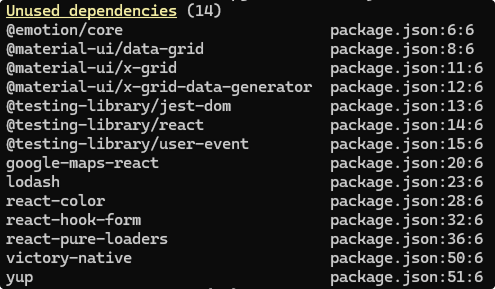 Knip output showing unused dependencies