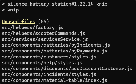 Knip output showing unused files